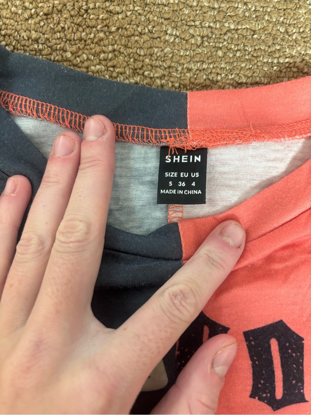 SHEIN Blue & Coral Graphic Colorblock Cropped Tee - Picture 3 of 4